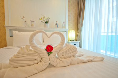 Beautiful bedroom interior and towelsのeditorial素材