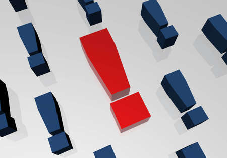 3D illustration of blue and one red exclamation marks.の写真素材