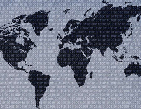 World map with binary code behind it.の写真素材
