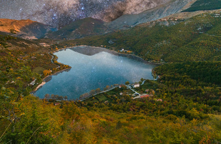 Magic view of Scanno lake during autumn starry night of october