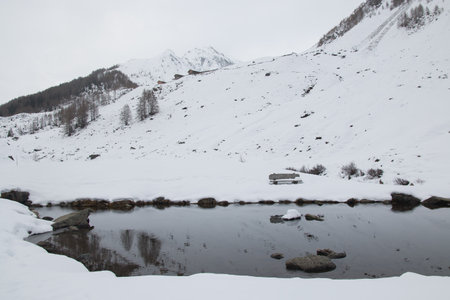 View of little alpine lake during winter season in South Tyrol, Alto Adige, Italyの写真素材
