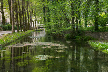 View of little river in the center of Scheggino medieval town in Umbria Italyの写真素材