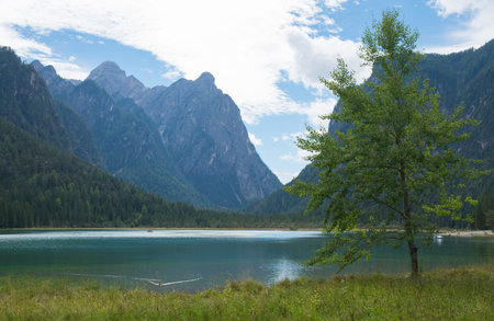 Dolomites landscape with Toblacher see in Alto Adige, Italy