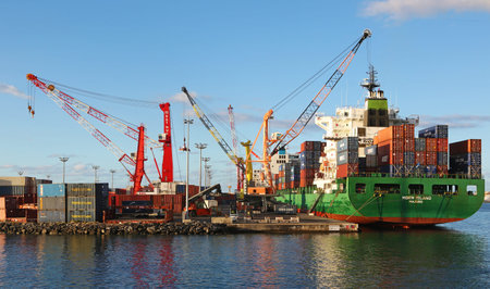 Papeete, Tahiti, French Polynesia - August 23, 2017: Cargo ship and harbor cranes