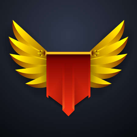 Fantasy red pennant flag banner with gold wings for game ui designのイラスト素材