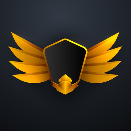 Fantasy golden border black emblem with gold wings templateのイラスト素材