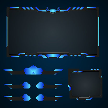 Neon blue border live stream overlay gaming interface facecam screen panel and banners for video streamingのイラスト素材