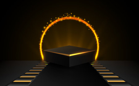 Abstract award stage podium with glowing golden ring light backdrop scene backgroundのイラスト素材