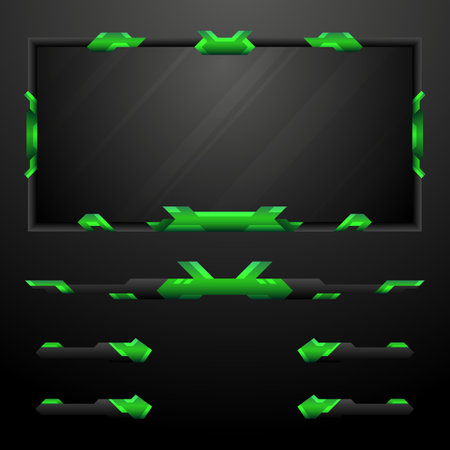 Abstract black and green live stream overlay webcam screen panel and game gui buttons for video streamingのイラスト素材