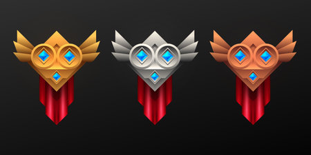 Fantasy game level badges with red pennant flag for game ui designのイラスト素材