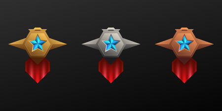 Fantasy gold, silver and bronze game achievement badge medals for game ui designのイラスト素材