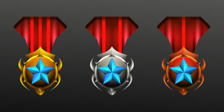 Game level badges with gold, silver and bronze with blue star for game ui designのイラスト素材