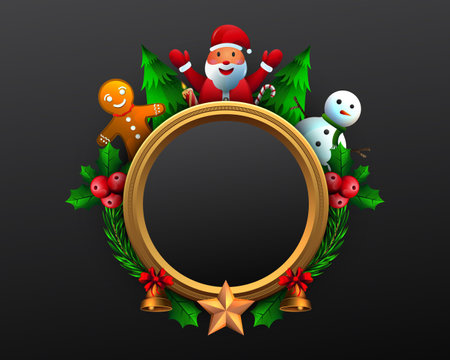 Gold Vintage Frame with Santa Claus, Christmas trees, jingles bells, and decorative wreaths and Christmas Ornamentsのイラスト素材