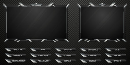 Futuristic Stream Overlay Black and Silver Border Webcam Frame and Stream Alert Screen GUI Panels for Gaming and Video Streaming Platformsのイラスト素材