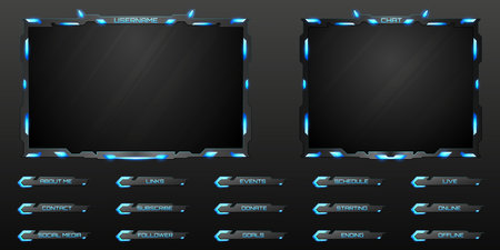 Futuristic Live Stream Overlay Black and Neon Blue Border Webcam Screen Frame and Stream Alert GUI Panels for Gaming and Video Streaming Platformsのイラスト素材