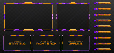 Live Stream Overlay Webcam Screen Frame and Stream Alert Panels in Purple and Yellow Colors for Gaming and Video Streamingのイラスト素材