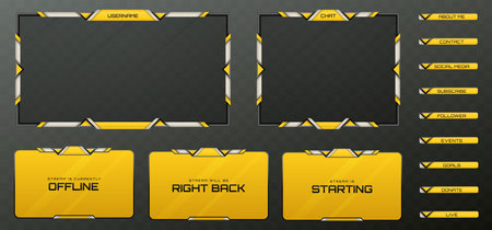 Stream Overlay Webcam Screen Frame and Stream Alert GUI Panels in Metallic Black, Silver, and Mustard Yellow Color Theme for Gaming and Live Video Streaming Platformsのイラスト素材