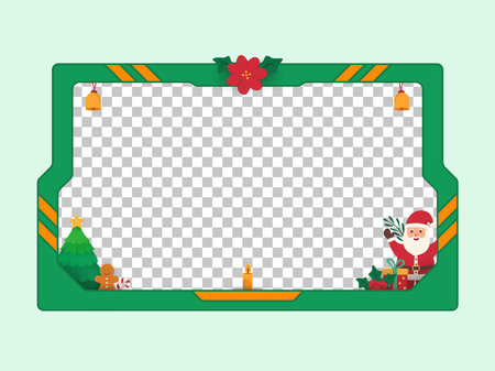 Modern Green Christmas Frame with Santa Claus, Christmas Tree, Gifts, Jingle Bells, Gingerbread Man, Candy Cane, Holly Berries, and Decorative Ornaments for Festive Holiday Designのイラスト素材