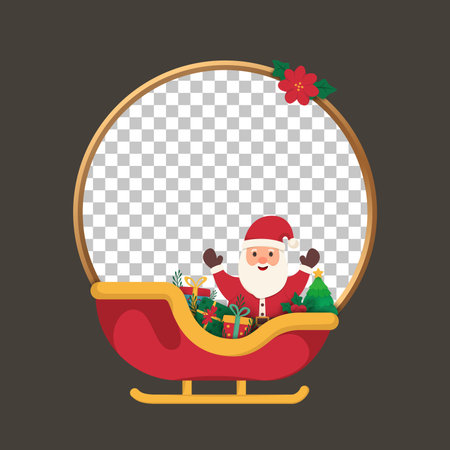 Christmas Golden Round Frame with Santa Claus in Sleigh, Gifts and Decorative Ornamentsのイラスト素材