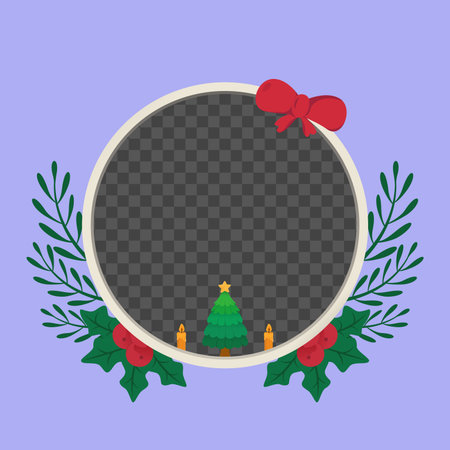 Round Silver Christmas Frame with Wreaths, Candles Holly Berries, and Christmas Tree Ornaments Elegant Holiday Decorative Border Designのイラスト素材