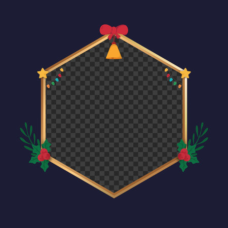 Golden Christmas Hexagonal Frame with Holly Berries, Jingle Bell, Lights and Festive Ornamentsのイラスト素材