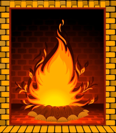 cartoon stone fire-place with a conflagrant fireのイラスト素材
