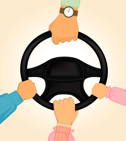 cartoon hands of happy family hold the helm of automobileのイラスト素材
