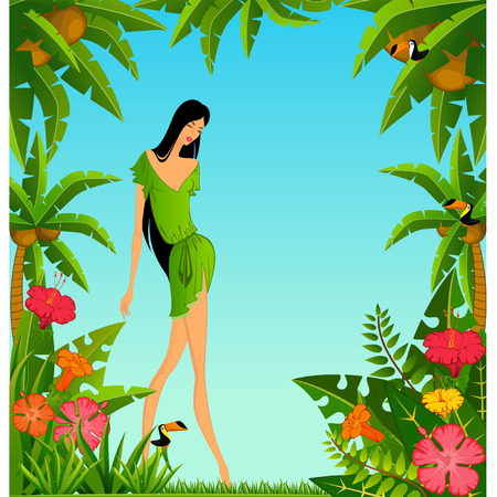 Pretty girl on island with tropical palms. Vectorのイラスト素材
