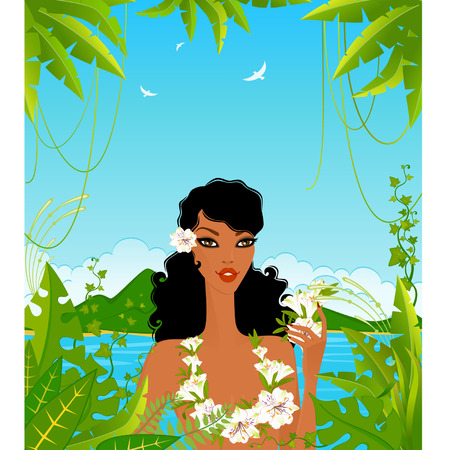 young woman with tropical flowersのイラスト素材