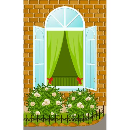 facade of house with open window and flowerbedのイラスト素材