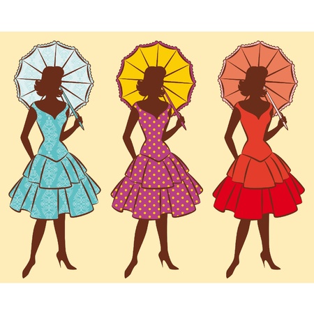 Vintage silhouette of girl with umbrellaのイラスト素材