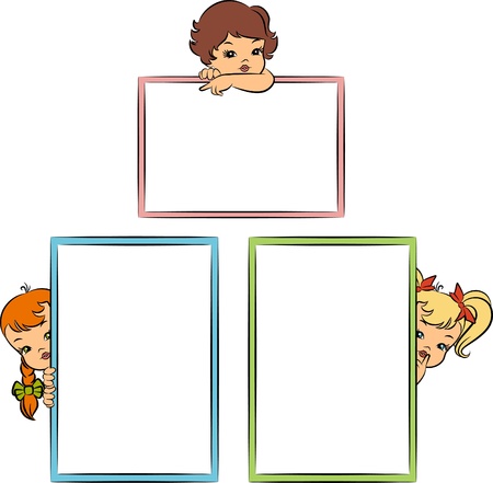 Vintage cartoon little girl with bannerの写真素材