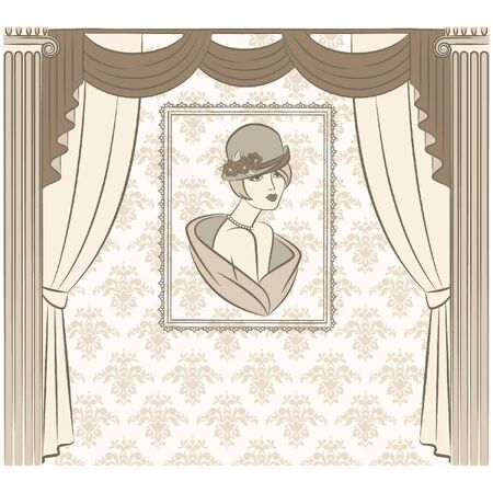 Vintage curtain with silhouette of girls.のイラスト素材