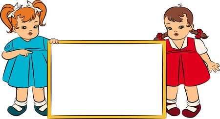 Vintage cartoon little girsl with bannerの写真素材