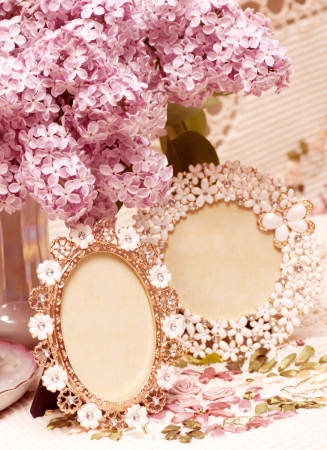 Beautiful flowers lilac with vintage framesの写真素材