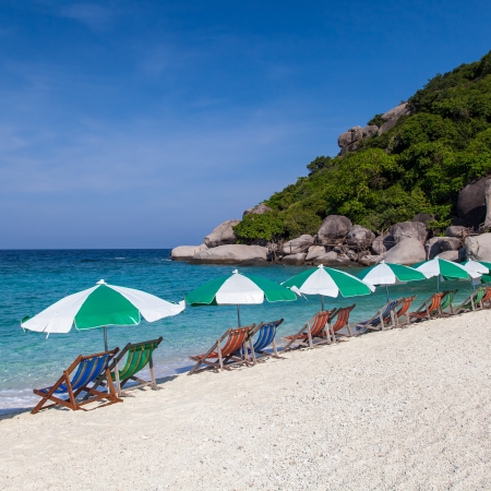 colorful beach chair with sun umbrella,Thailandの写真素材