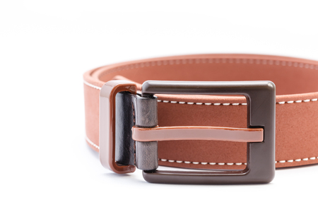used belt, brown, isolated on white backgroundの写真素材