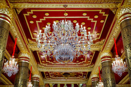 Ceiling and chandelier at Phra Si Rattana Mahathat temple, Phitsanulok, Thailand . Beautiful of historic city at Buddhism temple.のeditorial素材