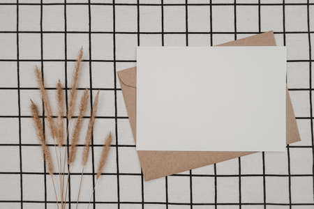 Blank white paper on brown paper envelope with Bristly foxtail dry flower and Carton box on White cloth with Black grid pattern. Mock-up of horizontal blank greeting card. Top view of Craft envelope.の写真素材