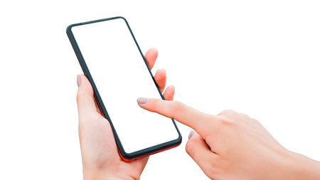 Woman hand holding smartphone on left hand and index finger on touch screen mobile with isolated on...