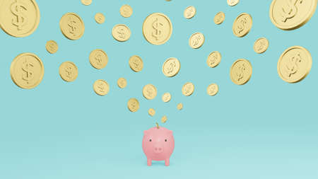 Pink piggy bank and falling gold coins with dollar sign with cyan background. Concept of saving money. 3d render illustrationの写真素材