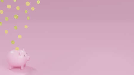 Pink piggy bank and falling gold coins with dollar sign with cyan background. Concept of saving money. 3d render illustrationの写真素材