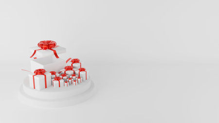 3D Rendering illustration. Open and close white gift box with red ribbon on circle podium white...
