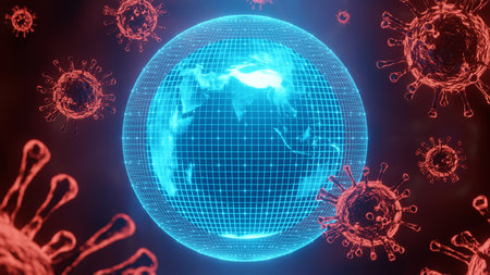 Sci-fi world with Shield and Coronavirus or COVID-19. Concept of Pandemic medical and Global...