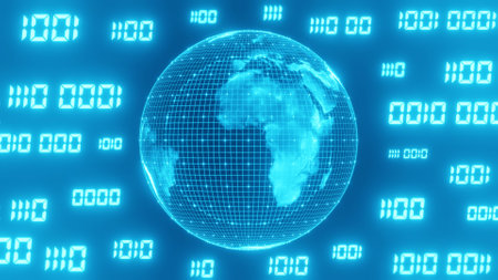 Binary code surrounds the Sci-fi blue world. Concept of Computer programming code and futuristic technology background. 3D rendering illustration. The elements of this image furnished by NASA.の写真素材