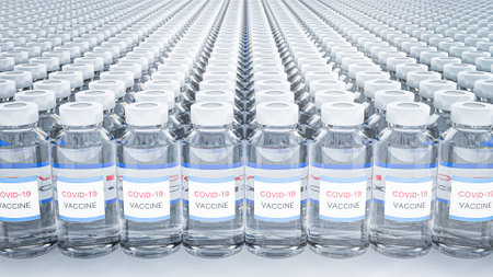 Covid-19 vaccine in a laboratory. Close-up of Coronavirus vaccine. Pandemic medical and Healthcare concept. 3D rendering illustration.の写真素材
