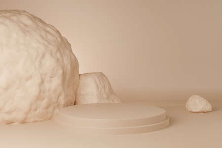 3D of Circle podium brown pastel color with Rock. Mock-up showcase for product branding banner and cosmetics product. Product presentation minimal.の写真素材