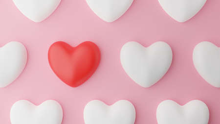 Top view of Red heart and white heart and pink background. Valentine's day concept. 3D Rendering illustration.の写真素材