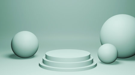 3D of Circle podium mint Green pastel color with spherical. Mock-up circle shapes showcase for product branding banner and cosmetics product. Product presentation minimal.の写真素材