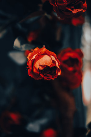 Red rose flowers with sunlight. Vintage style. Valentine's day concept.の写真素材